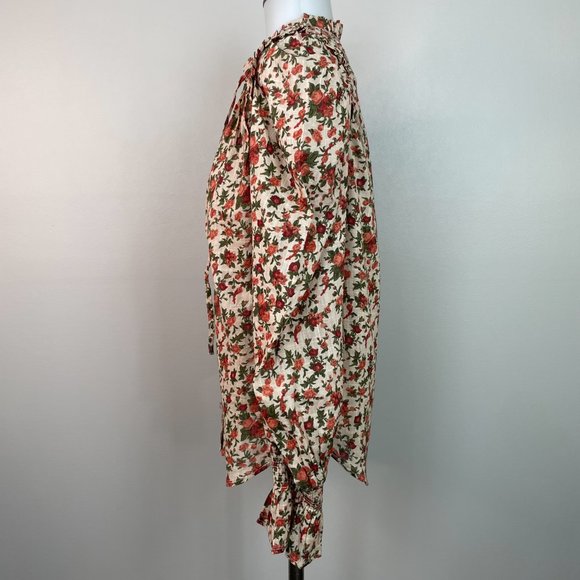 Free People Top XS Floral Orange Green Puff Sleeve Cotton Boho Blouse Women's - Picture 7 of 15
